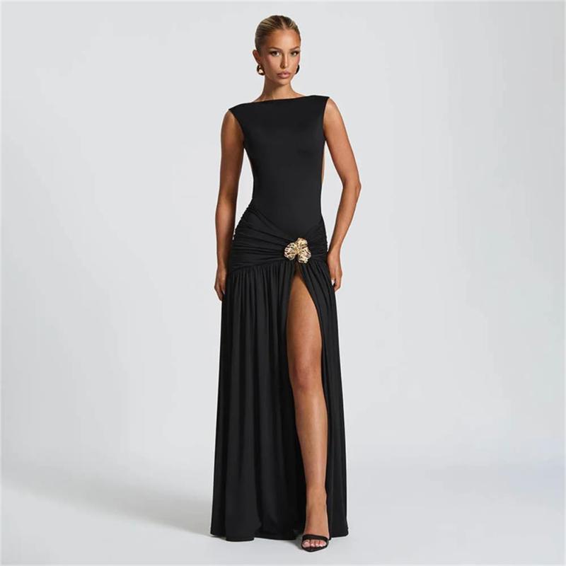 Black Sleeveless Pleated Bodycon Evening Party Maxi Formal Dress