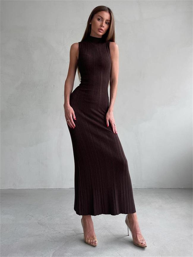 Brown O Neck Knitted Sleeveless Bodycon Women Casual Midi Dress