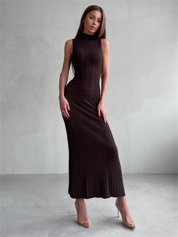 Brown O Neck Knitted Sleeveless Bodycon Women Casual Midi Dress