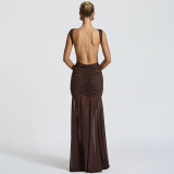 Brown Sleeveless Pleated Bodycon Evening Party Maxi Formal Dress