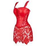 Red Strap PU Leather Lace Up Crosets Bandage Lace Patchwork Sexy Women Erotic Lingerie Wear