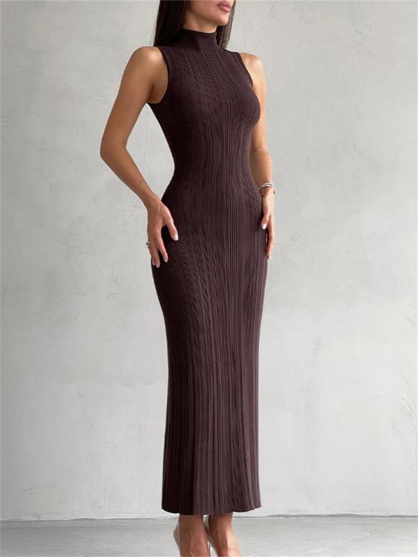 Brown O Neck Knitted Sleeveless Bodycon Women Casual Midi Dress