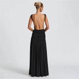 Black Sleeveless Pleated Bodycon Evening Party Maxi Formal Dress