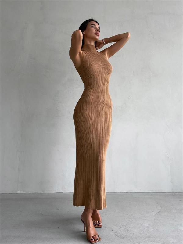 Khaki O Neck Knitted Sleeveless Bodycon Women Casual Midi Dress