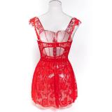 Red Strap PU Leather Lace Up Crosets Bandage Lace Patchwork Sexy Women Erotic Lingerie Skirt