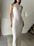 White O Neck Knitted Sleeveless Bodycon Women Casual Midi Dress