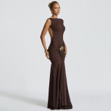 Brown Sleeveless Pleated Bodycon Evening Party Maxi Formal Dress