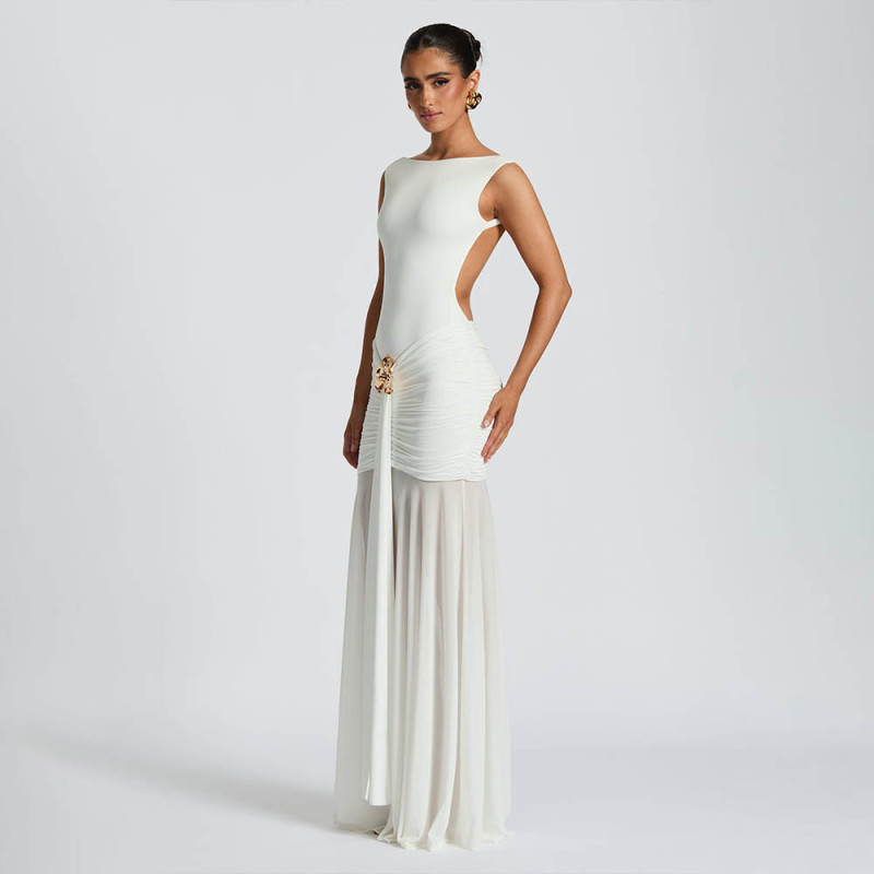 White Sleeveless Pleated Bodycon Evening Party Maxi Formal Dress
