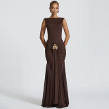 Brown Sleeveless Pleated Bodycon Evening Party Maxi Formal Dress