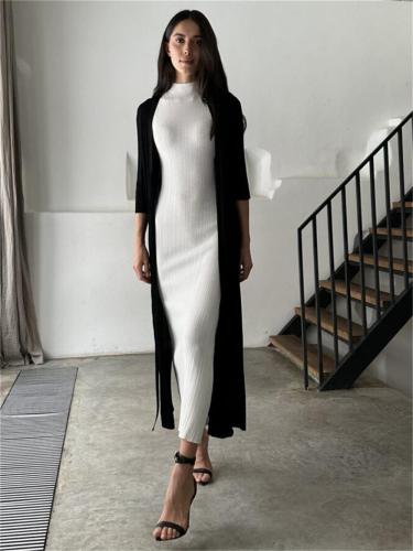 White O Neck Knitted Sleeveless Bodycon Women Casual Midi Dress