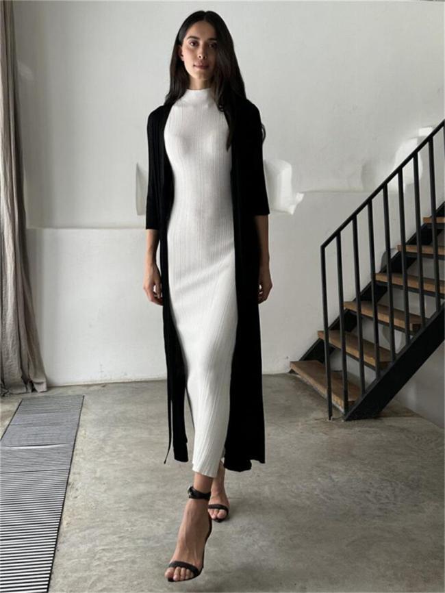 White O Neck Knitted Sleeveless Bodycon Women Casual Midi Dress