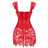Red Strap PU Leather Lace Up Crosets Bandage Lace Patchwork Sexy Women Erotic Lingerie Wear