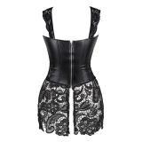 Black Strap PU Leather Lace Up Crosets Bandage Lace Patchwork Sexy Women Erotic Lingerie Wear