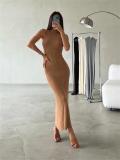 Khaki O Neck Knitted Sleeveless Bodycon Women Casual Midi Dress