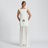 White Sleeveless Pleated Bodycon Evening Party Maxi Formal Dress