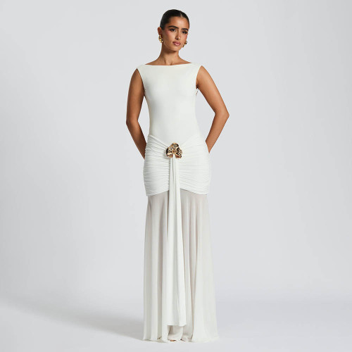 White Sleeveless Pleated Bodycon Evening Party Maxi Formal Dress