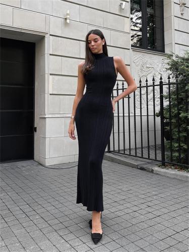 Black O Neck Knitted Sleeveless Bodycon Women Casual Midi Dress