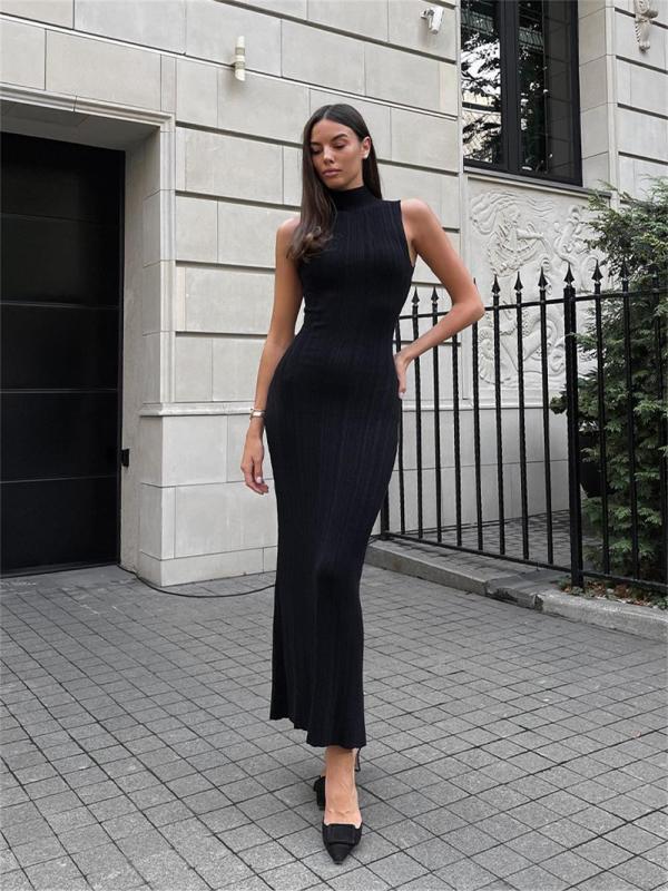 Black O Neck Knitted Sleeveless Bodycon Women Casual Midi Dress