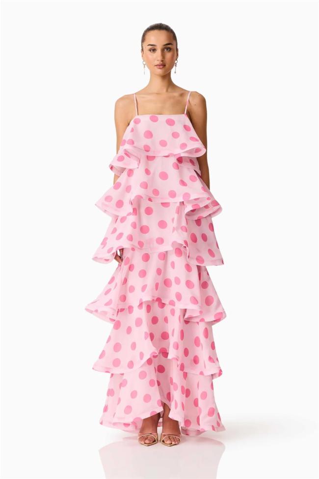 Pink Straps Printed Polka Dot Women Vacation Ruffles Maxi Dress