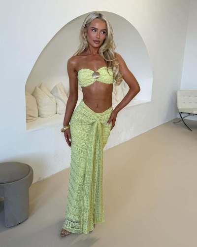 Green Off Shoulder Two Pieces Crop Tops Lace Sexy Ruched Bodycon Maxi Dress Sets