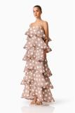 Brown Straps Printed Polka Dot Women Vacation Ruffles Maxi Dress