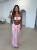 Pink Off Shoulder Two Pieces Crop Tops Lace Sexy Ruched Bodycon Maxi Dress Sets