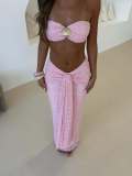 Pink Off Shoulder Two Pieces Crop Tops Lace Sexy Ruched Bodycon Maxi Dress Sets