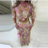 Pink Two Pieces Short Sleeve Tops Hollow Out Long Dress Skirt Sets