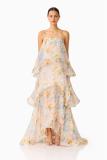 Yellow Straps Printed Fashion Women Vacation Ruffles Maxi Dress