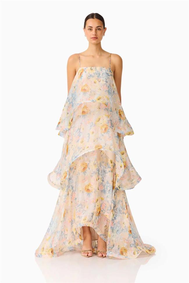 Yellow Straps Printed Fashion Women Vacation Ruffles Maxi Dress