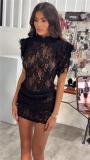 Black Lace Hollow Out Pleated Women Party Mini Clubwear