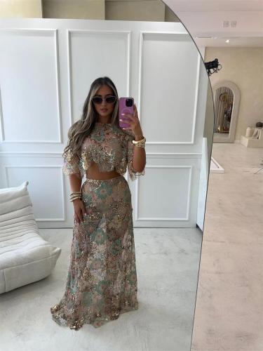 Blue Two Pieces Short Sleeve Tops Hollow Out Long Dress Skirt Sets