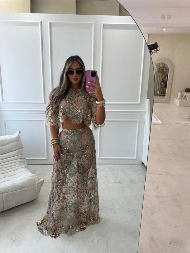 Blue Two Pieces Short Sleeve Tops Hollow Out Long Dress Skirt Sets