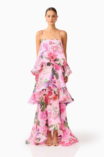 Pink Red Straps Printed Fashion Women Vacation Ruffles Maxi Dress