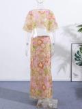 Pink Two Pieces Short Sleeve Tops Hollow Out Long Dress Skirt Sets