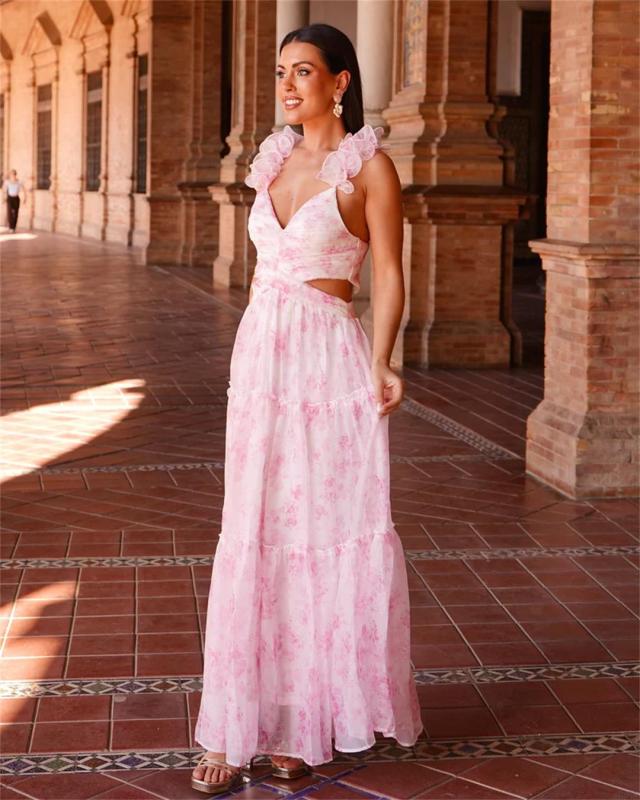 Pink Straps Printed Floral Pleated Women Casual Summer Maxi Dress