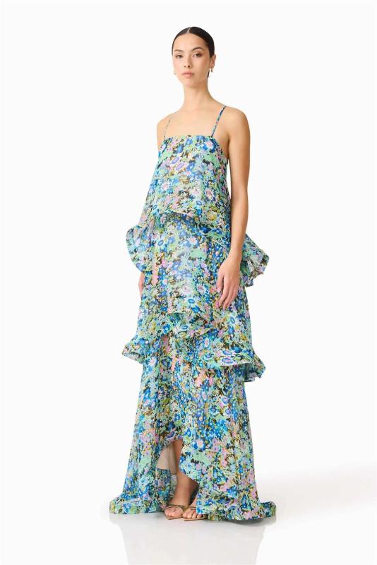 Green Straps Printed Fashion Women Vacation Ruffles Maxi Dress