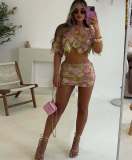 Pink Two Pieces Short Sleeve Tops Hollow Out Mini Dress Skirt Sets