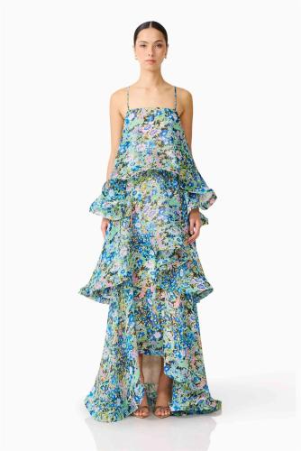 Green Straps Printed Fashion Women Vacation Ruffles Maxi Dress
