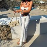 White Off Shoulder Two Pieces Crop Tops Lace Sexy Ruched Bodycon Maxi Dress Sets
