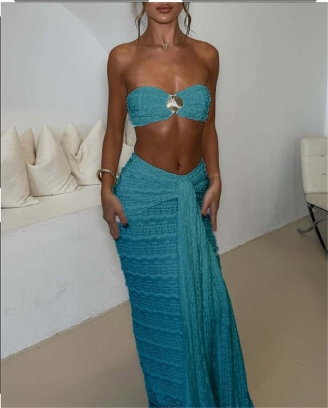 Blue Off Shoulder Two Pieces Crop Tops Lace Sexy Ruched Bodycon Maxi Dress Sets