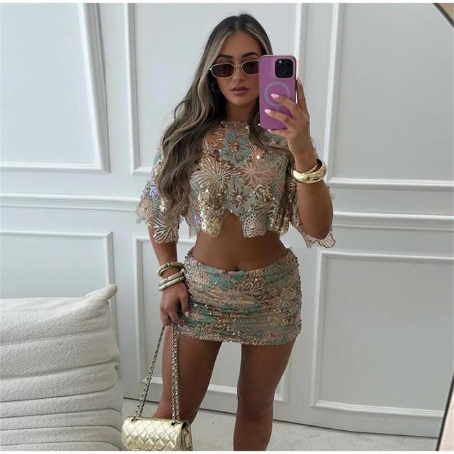 Green Two Pieces Short Sleeve Tops Hollow Out Mini Dress Skirt Sets