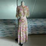 Pink Two Pieces Short Sleeve Tops Hollow Out Long Dress Skirt Sets