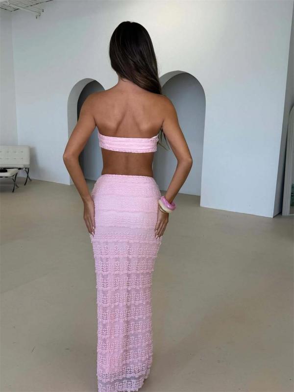 Pink Off Shoulder Two Pieces Crop Tops Lace Sexy Ruched Bodycon Maxi Dress Sets