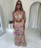 Pink Two Pieces Short Sleeve Tops Hollow Out Long Dress Skirt Sets