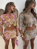 Green Two Pieces Short Sleeve Tops Hollow Out Mini Dress Skirt Sets