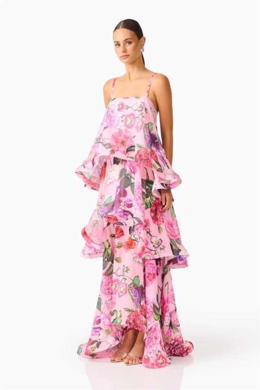 Pink Red Straps Printed Fashion Women Vacation Ruffles Maxi Dress