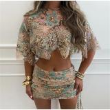 Green Two Pieces Short Sleeve Tops Hollow Out Mini Dress Skirt Sets