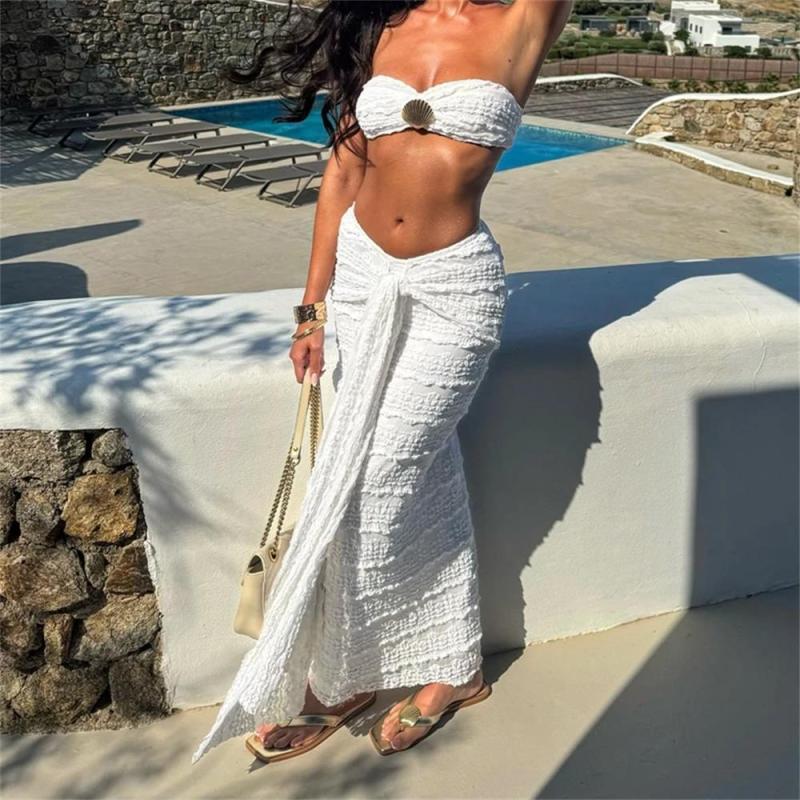 White Off Shoulder Two Pieces Crop Tops Lace Sexy Ruched Bodycon Maxi Dress Sets