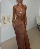 Brown Off Shoulder Two Pieces Crop Tops Lace Sexy Ruched Bodycon Maxi Dress Sets